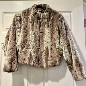 Olivaceous Faux Fur Bomber Jacket in Brown and Cream